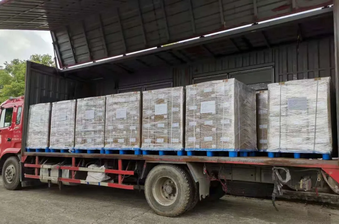Palletized matcha cartons loaded on a truck for transport to port