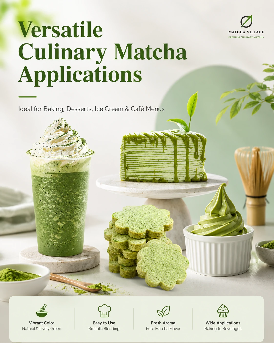 Culinary matcha applications for desserts, baking and drinks
