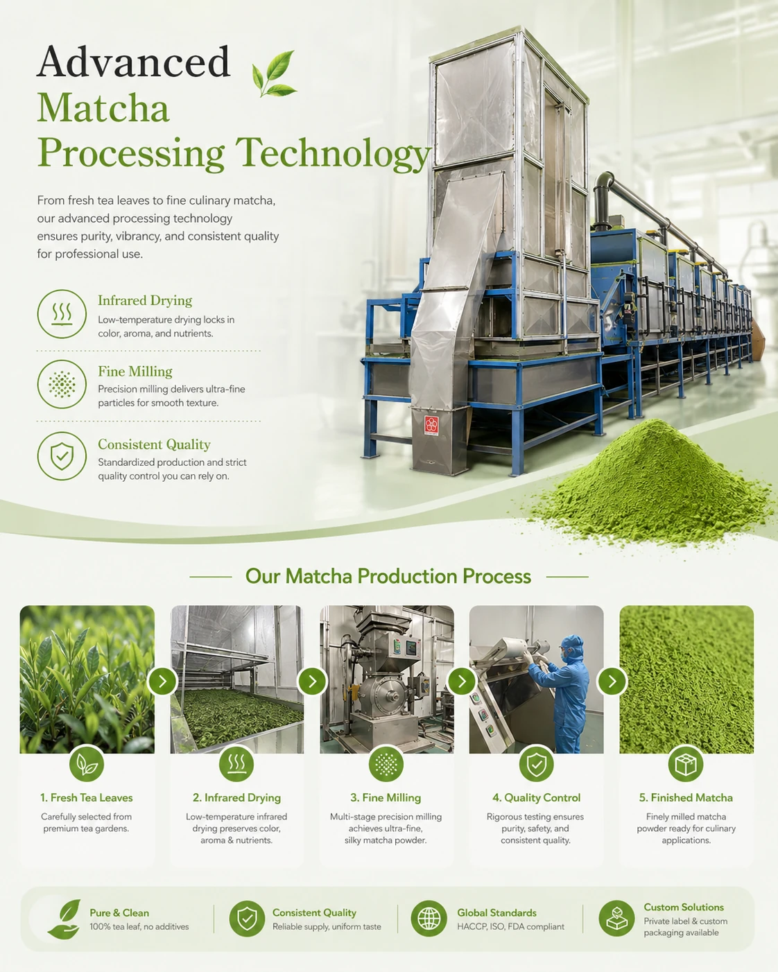 Culinary matcha production and processing workflow