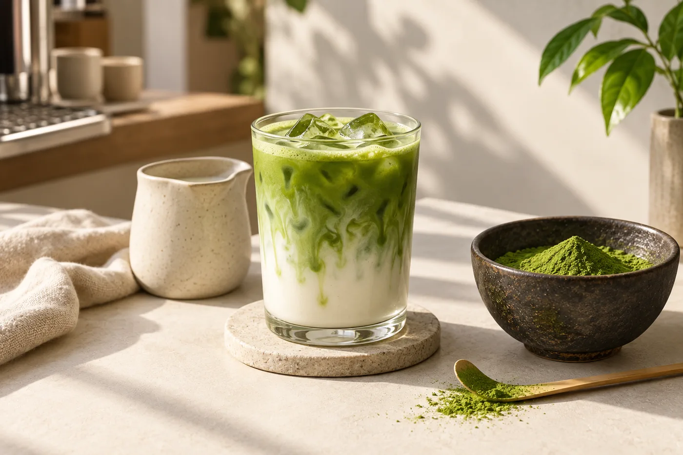 Iced matcha latte and matcha powder for café recipe planning