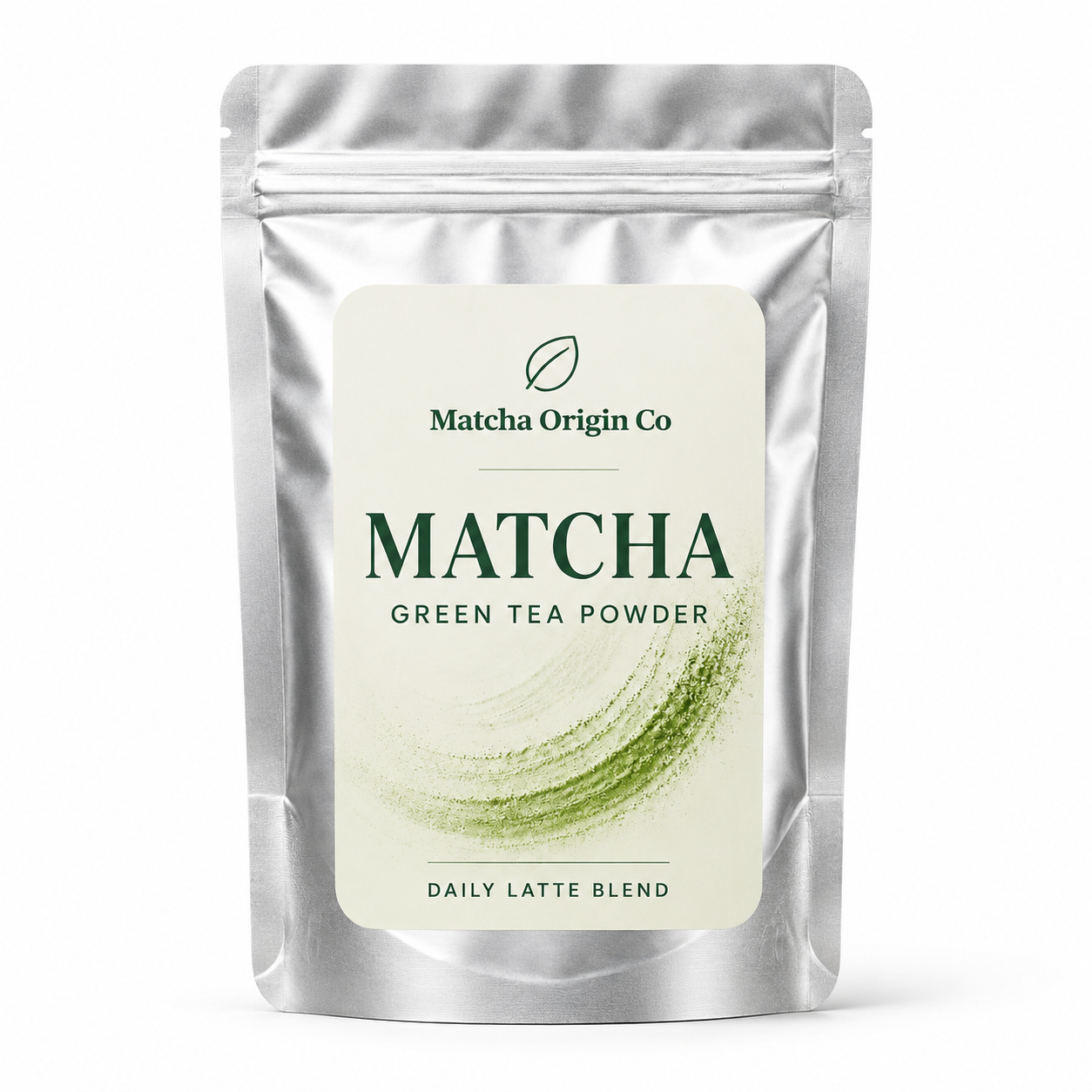 Silver stand-up pouch concept for a private label matcha brand