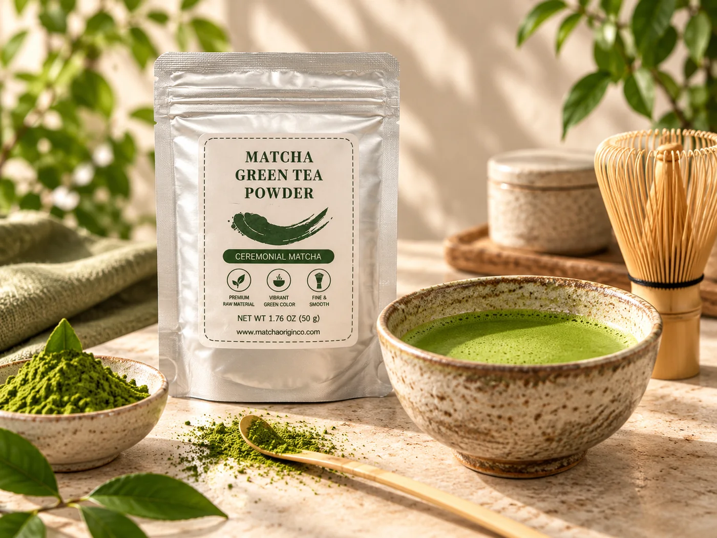 Ceremonial matcha packaging with powder, bamboo whisk and a prepared bowl