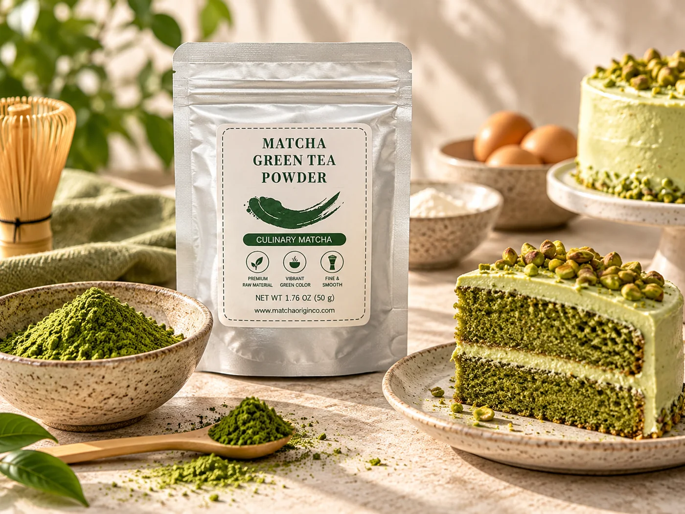 Culinary matcha packaging with matcha powder and a finished matcha cake
