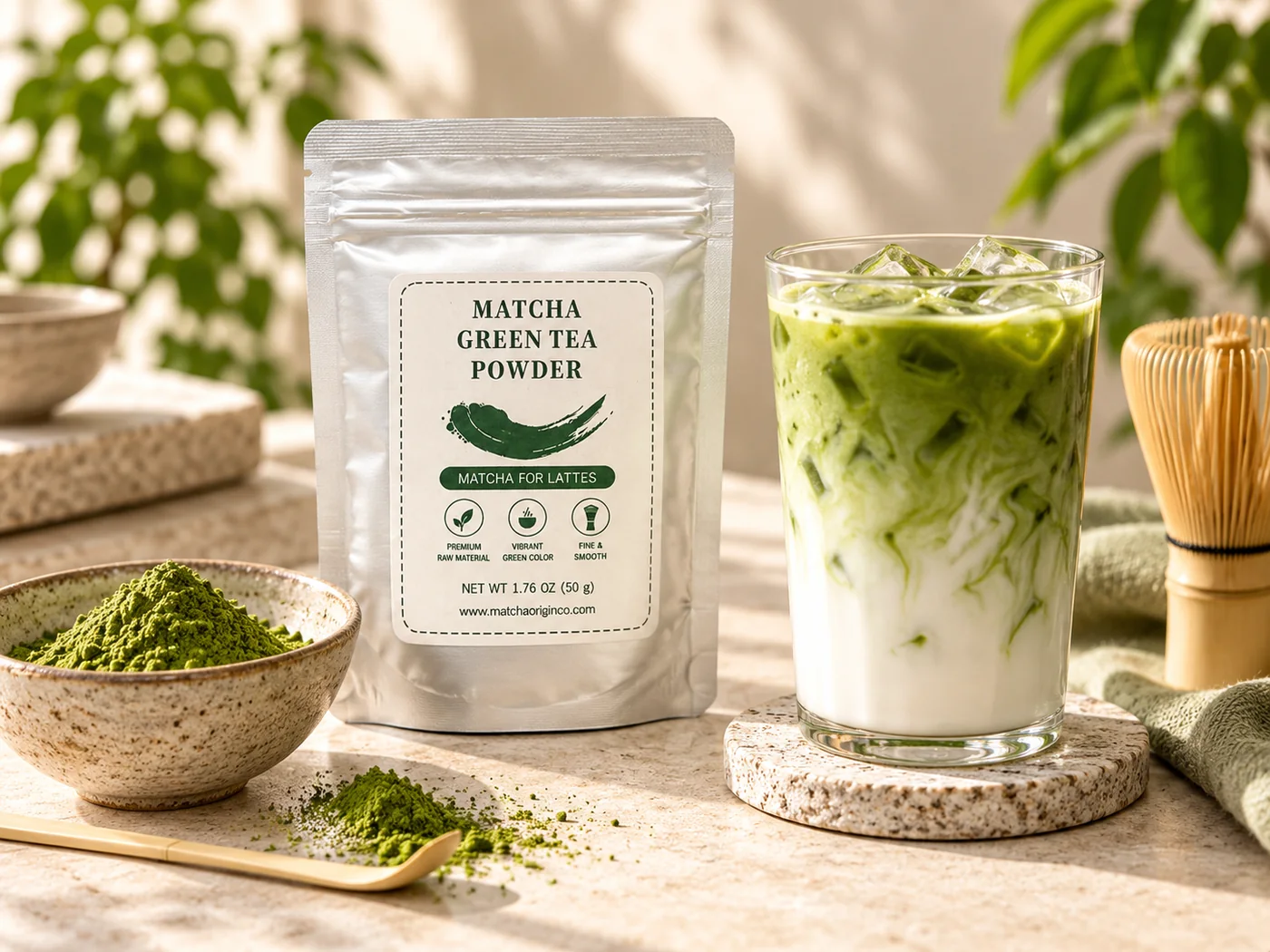 Matcha for lattes packaging with powder and a finished iced matcha latte