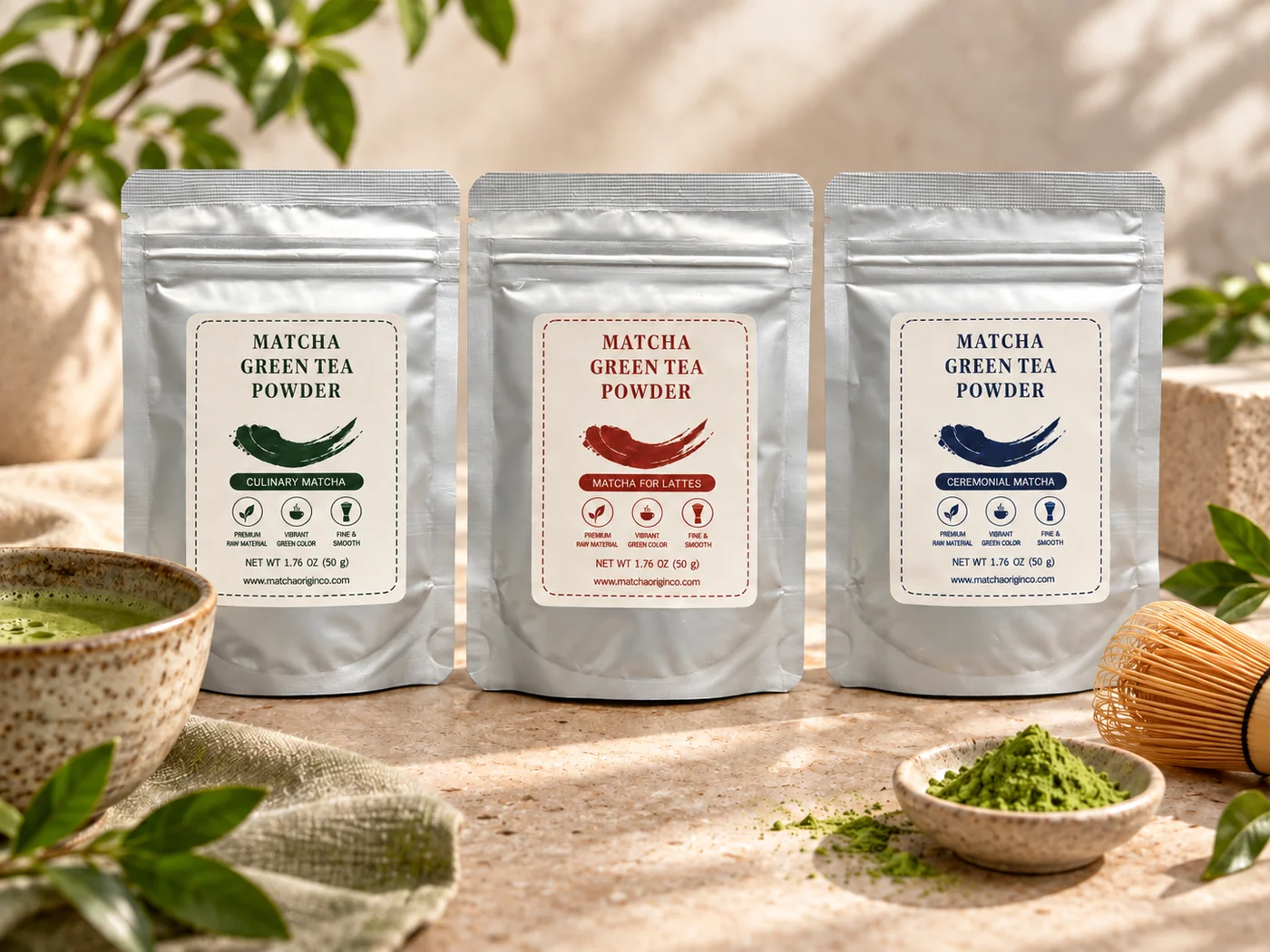 Culinary, latte and ceremonial matcha packaging for three business application families