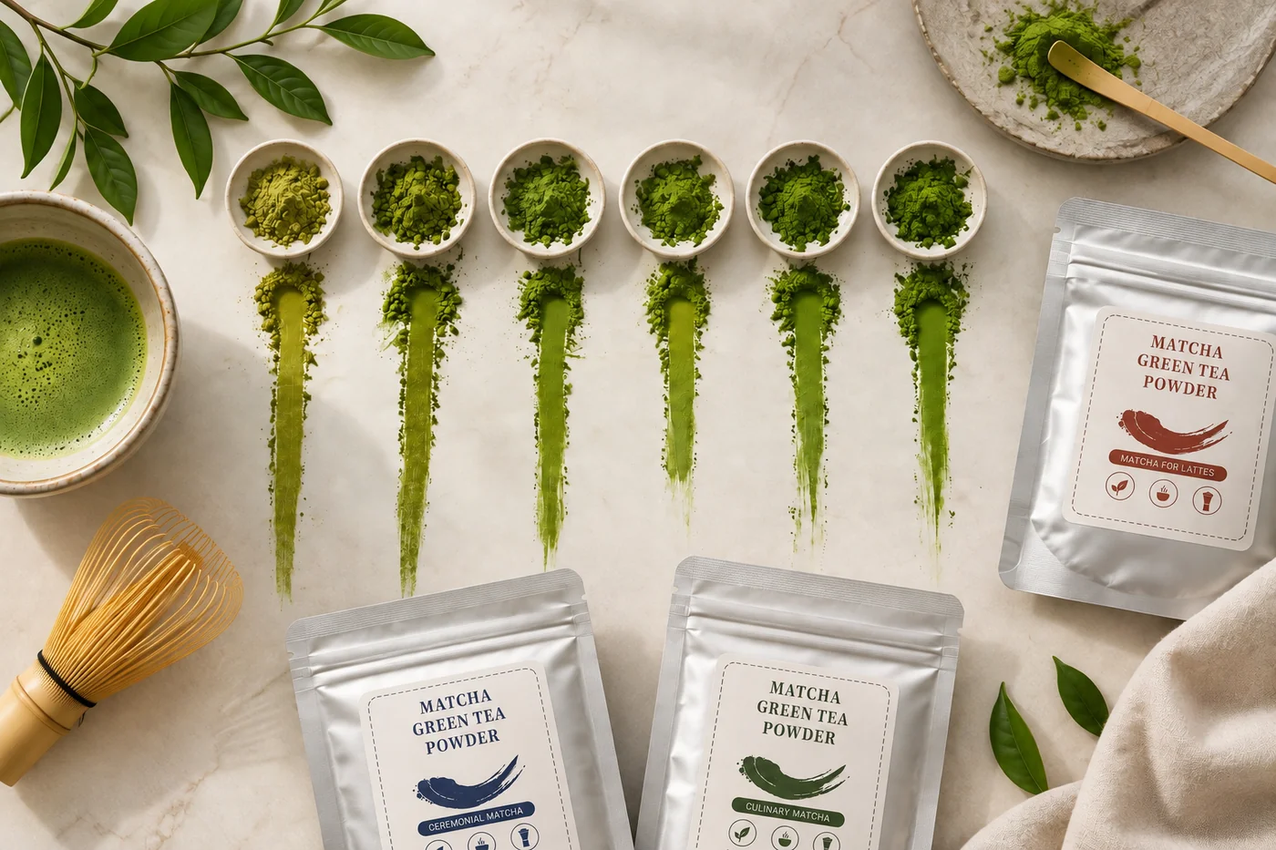 Six matcha powder samples displayed for visual profile comparison across culinary, latte and ceremonial applications
