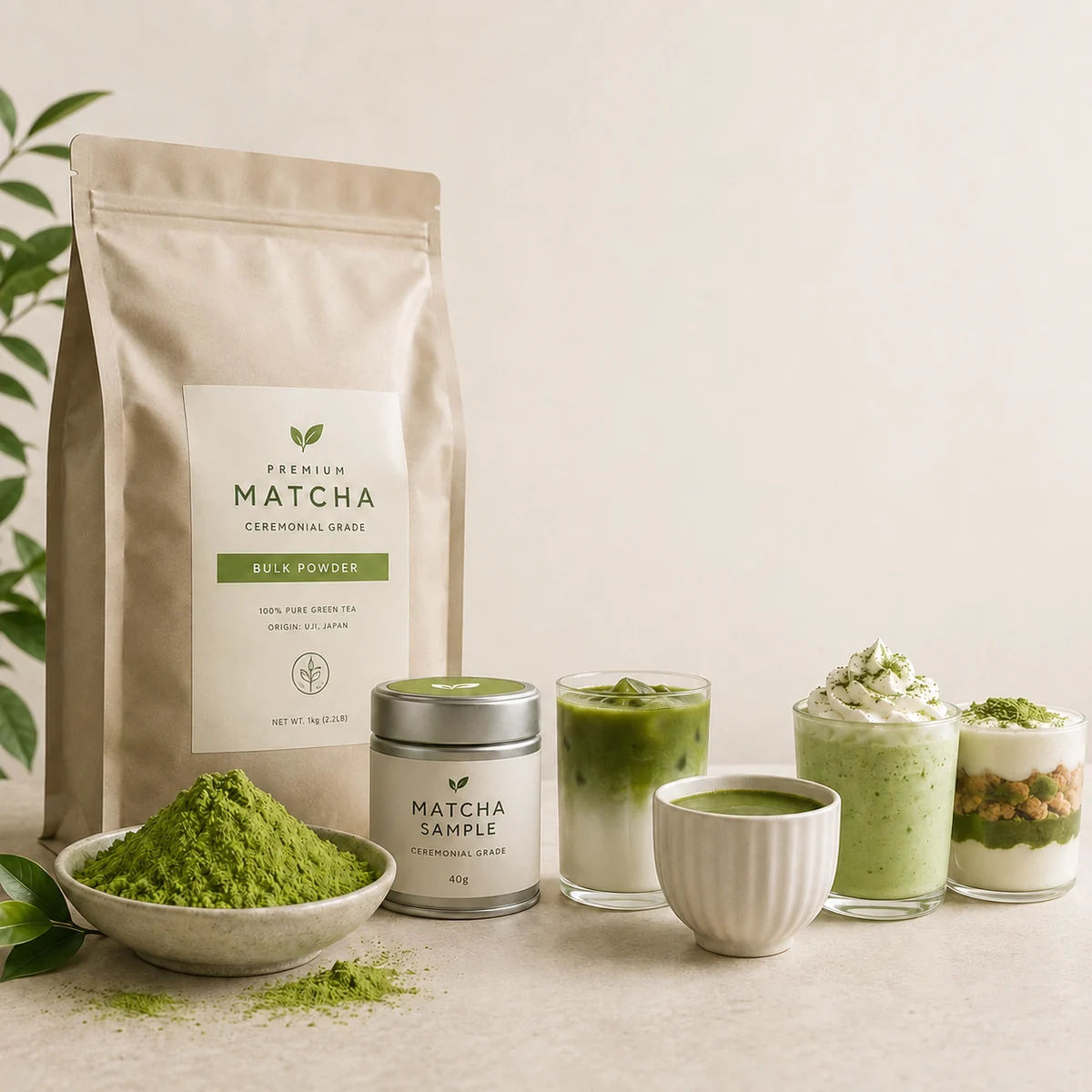 Bulk matcha powder, sample tin and prepared matcha applications