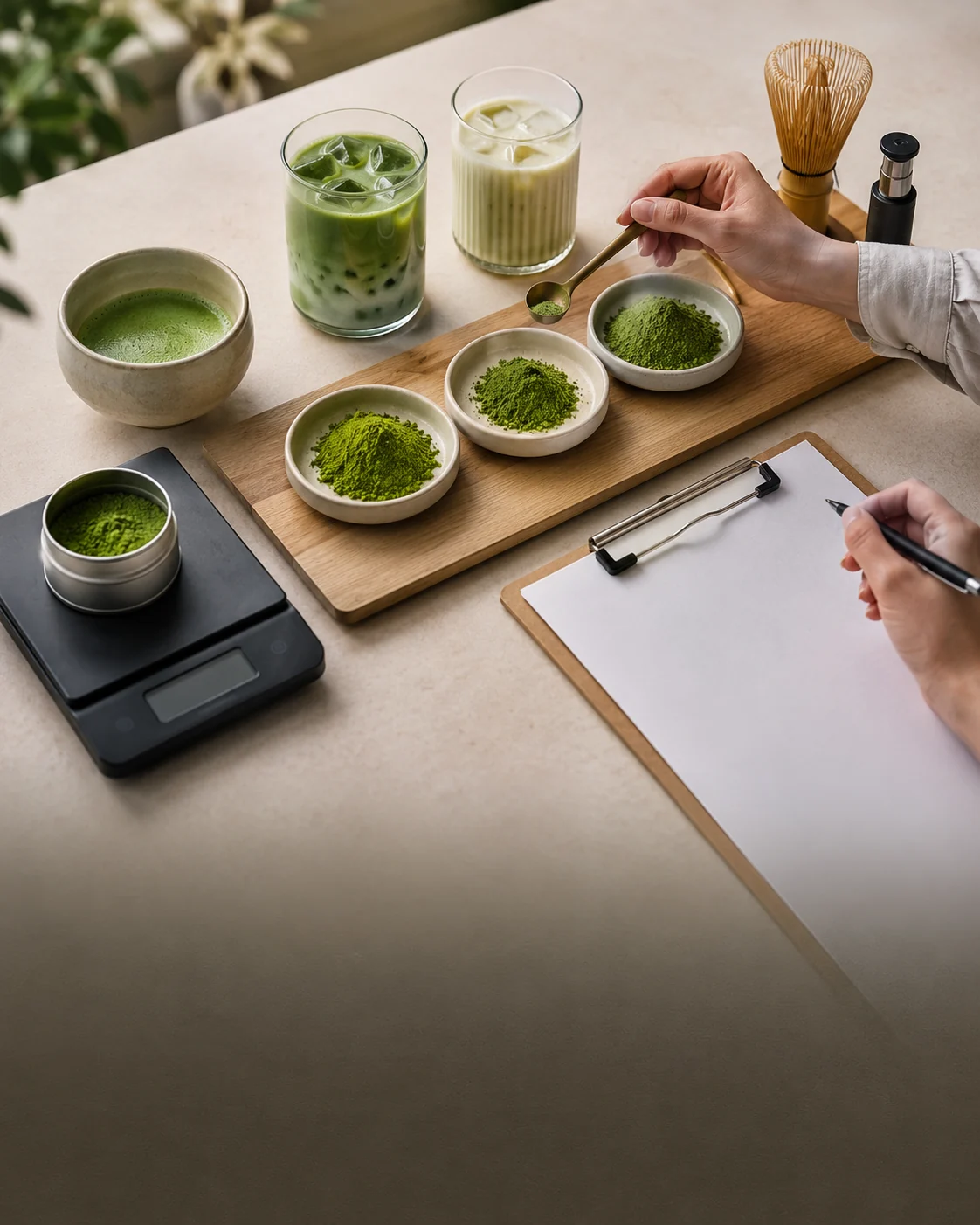 Commercial matcha samples being weighed and evaluated for beverage applications
