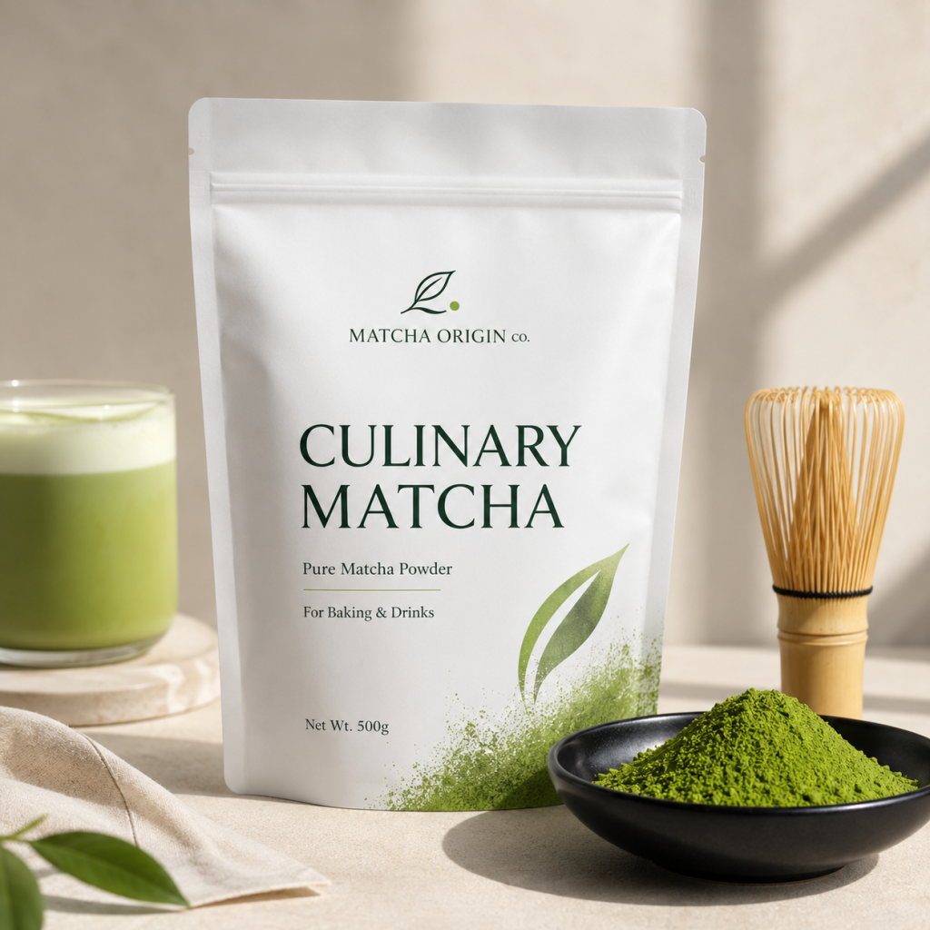 Matcha Origin Co A Grade Matcha 500g packaging hero image with matcha powder and bamboo whisk