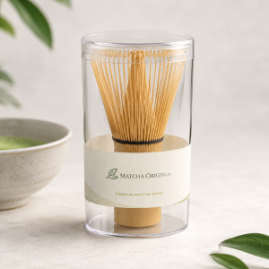 Bamboo matcha whisk in protective tube packaging by Matcha Origin Co.