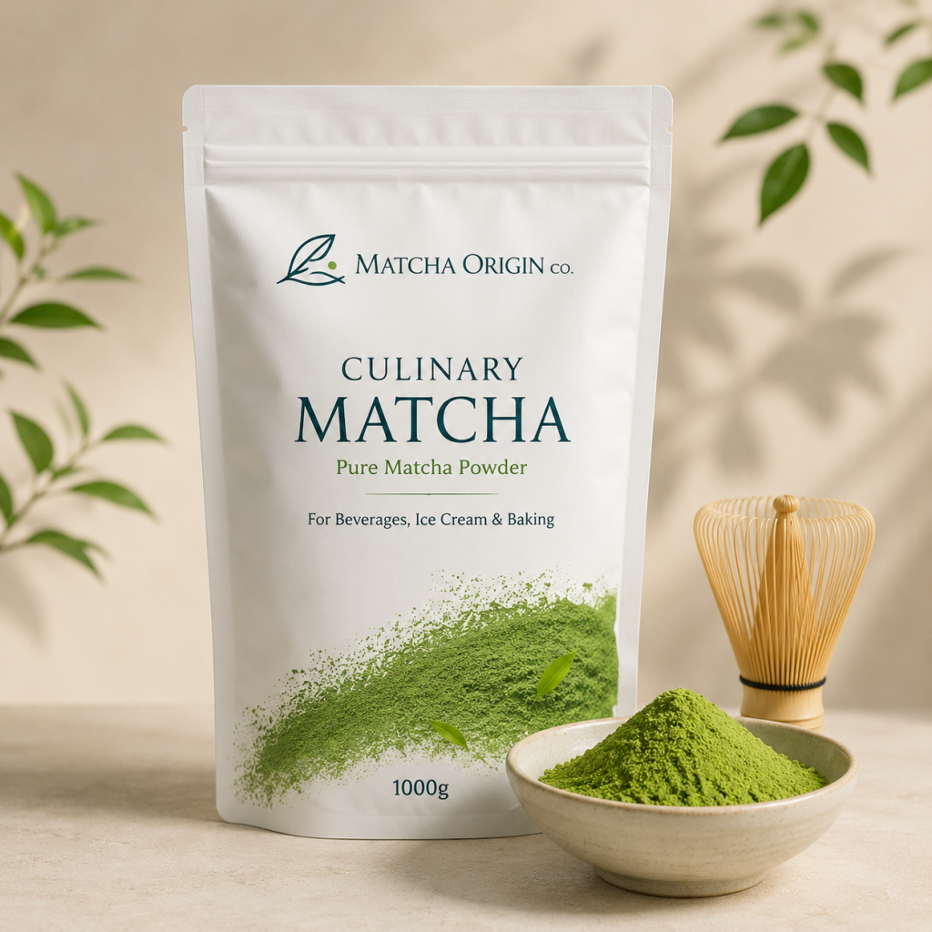 Matcha Origin Co culinary matcha 1000g hero image with clean package styling and bamboo whisk