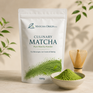 Matcha Origin Co culinary matcha 1000g hero image with clean package styling and bamboo whisk
