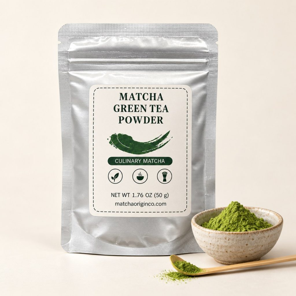 Matcha Origin Co culinary matcha powder sample pouch for baking and food manufacturing