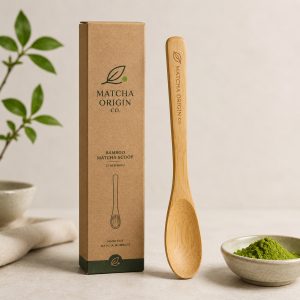 Matcha Origin Co bamboo matcha scoop product hero image with packaging and natural styling