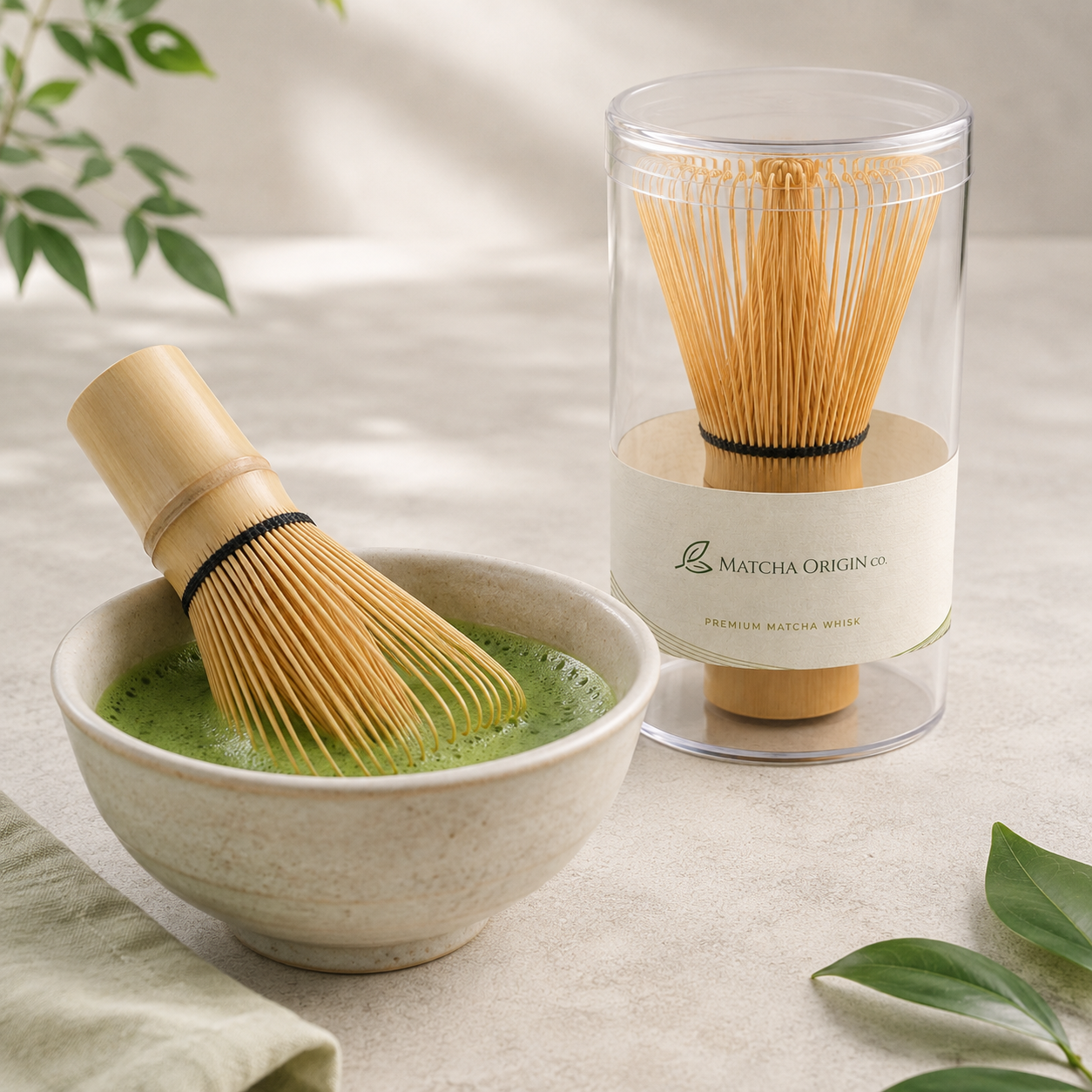 Bamboo matcha whisk used in a bowl of prepared matcha beside protective tube packaging.