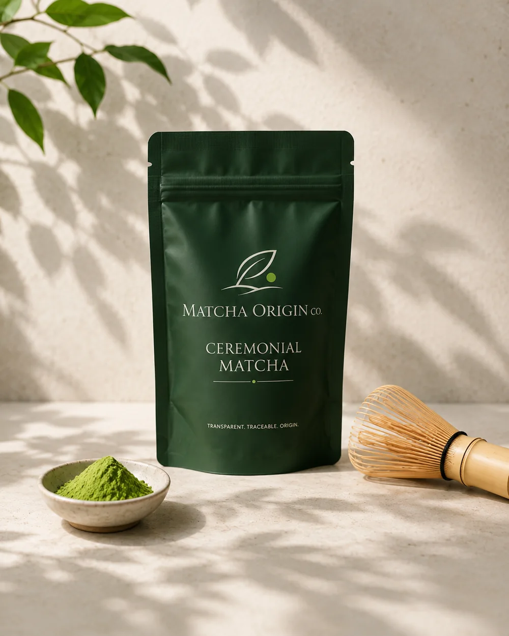 Matcha Origin Co ceremonial matcha product with bamboo whisk and matcha powder