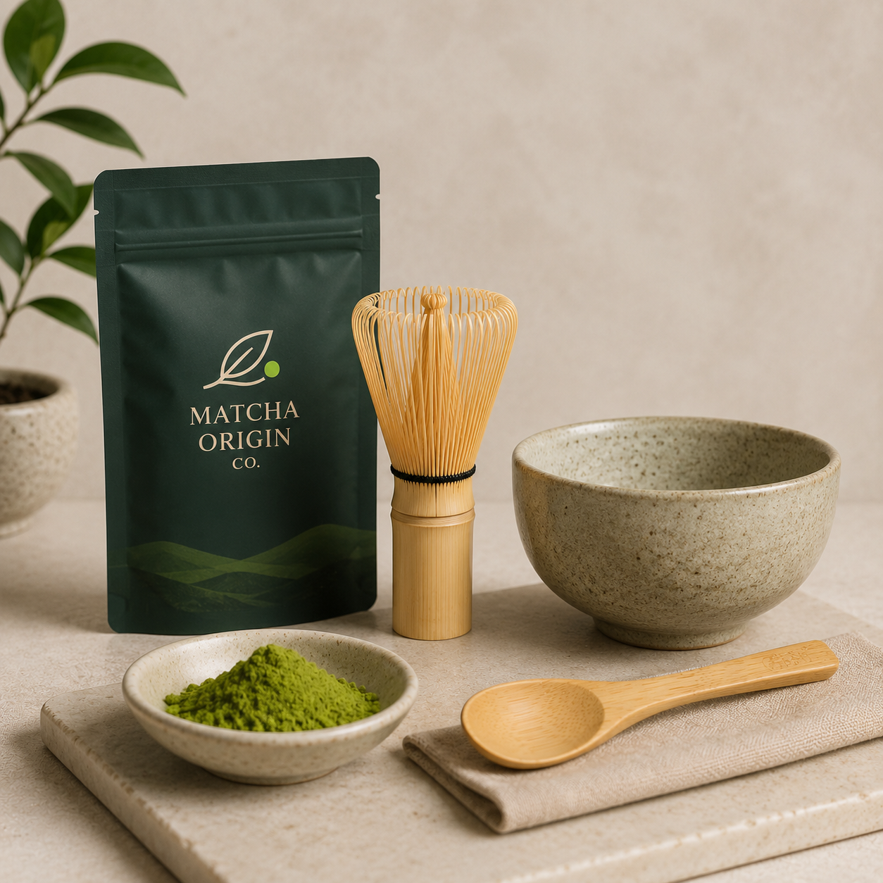 Bamboo matcha scoop and matcha tools displayed in a natural usage scene