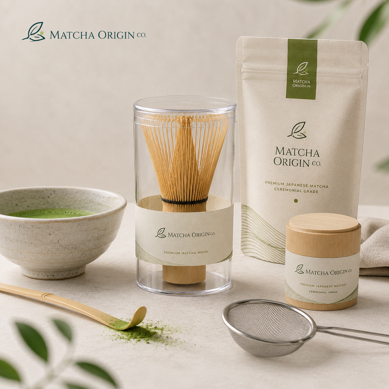 Bamboo matcha whisk displayed with matcha powder, scoop, bowl and sifter in a branded matcha kit setup.