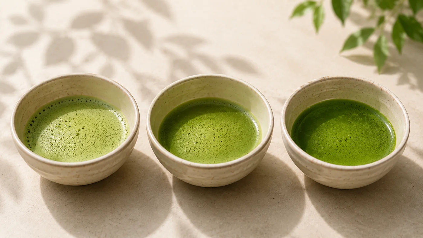 Three bowls of whisked matcha showing different ceremonial matcha profiles