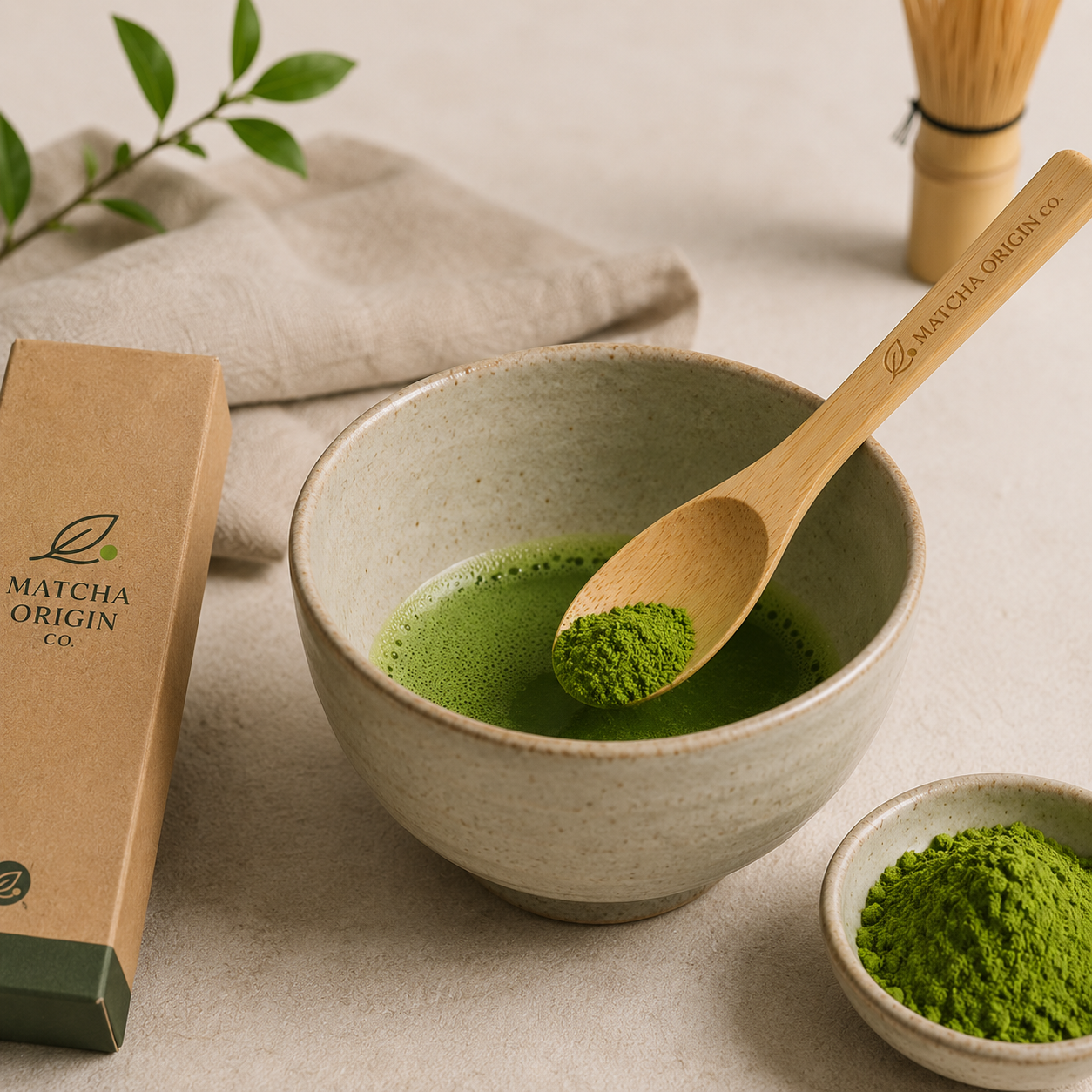 Matcha kit combo scene with bamboo matcha scoop and complementary tea tools