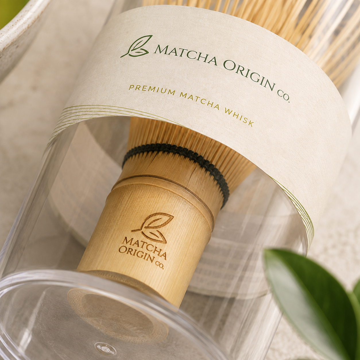Close-up of bamboo matcha whisk protective tube packaging with Matcha Origin Co. branding.