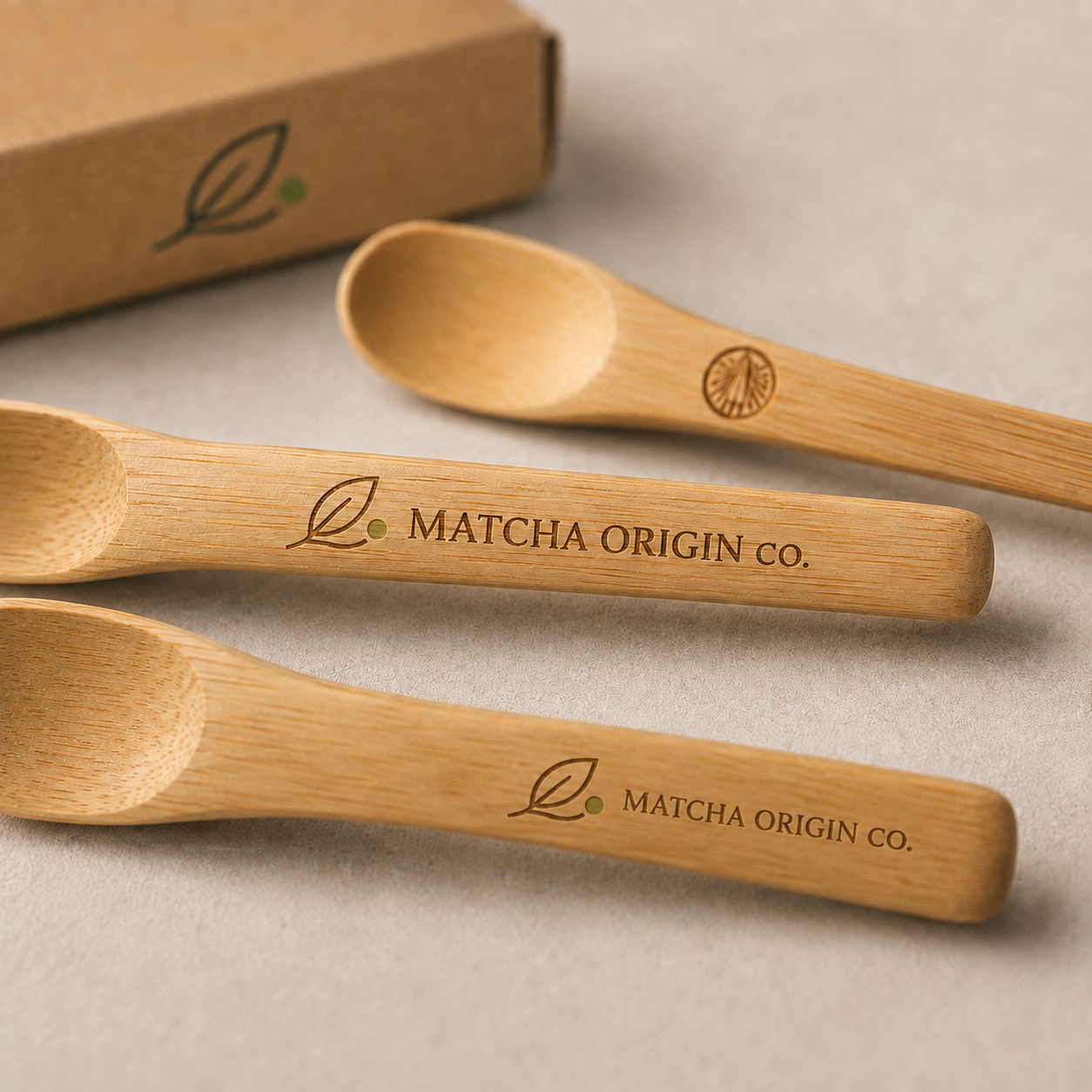 Close-up of bamboo matcha scoop with Matcha Origin Co logo customization engraving