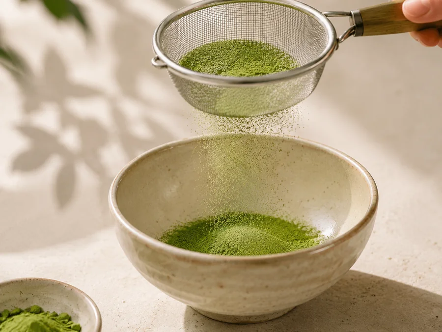 Sifting fine ceremonial matcha powder into a tea bowl