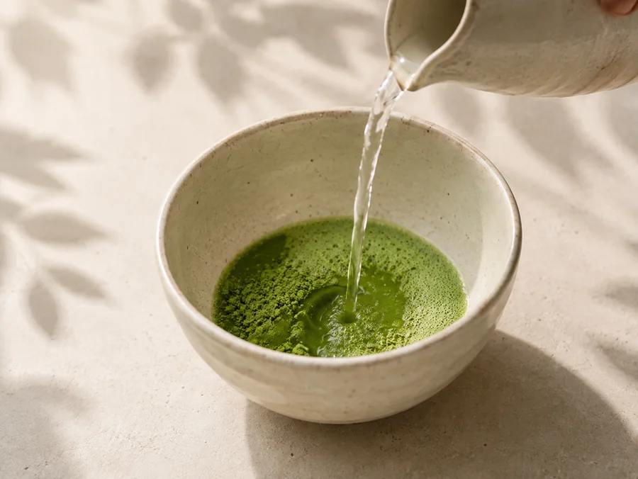 Pouring warm water into sifted matcha powder in a ceramic bowl