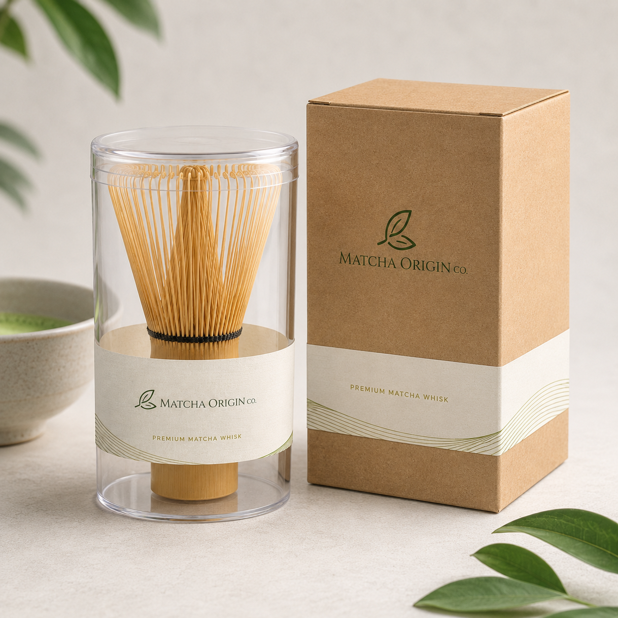 Bamboo matcha whisk in protective tube shown with matching outer box packaging.