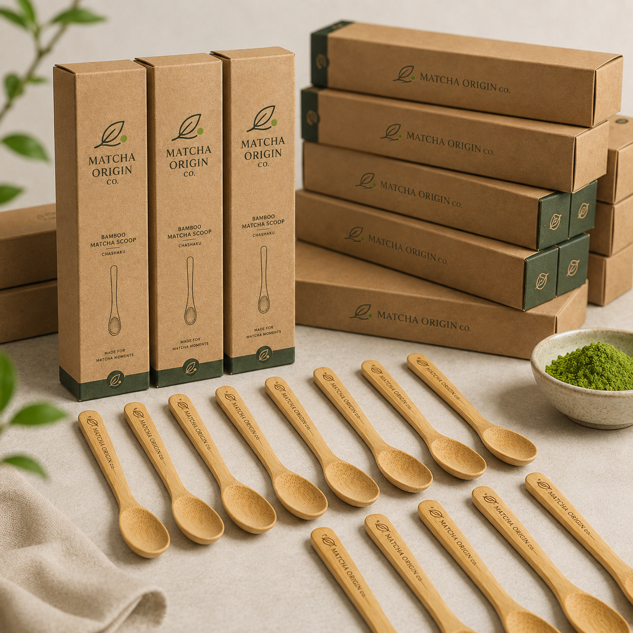 Bamboo matcha scoop displayed with Matcha Origin Co branded packaging