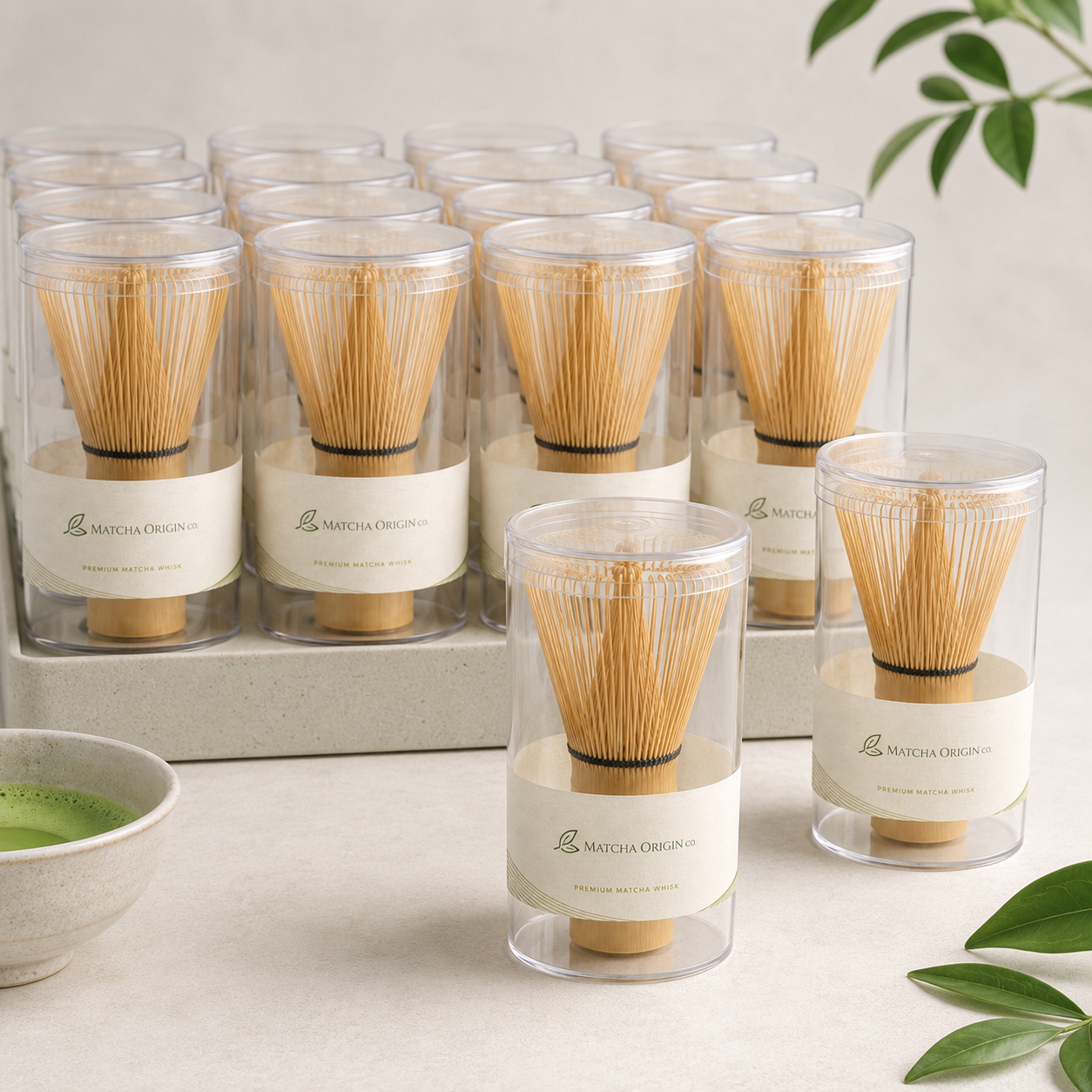 Multiple bamboo matcha whisks in protective tubes arranged for wholesale and bulk supply.