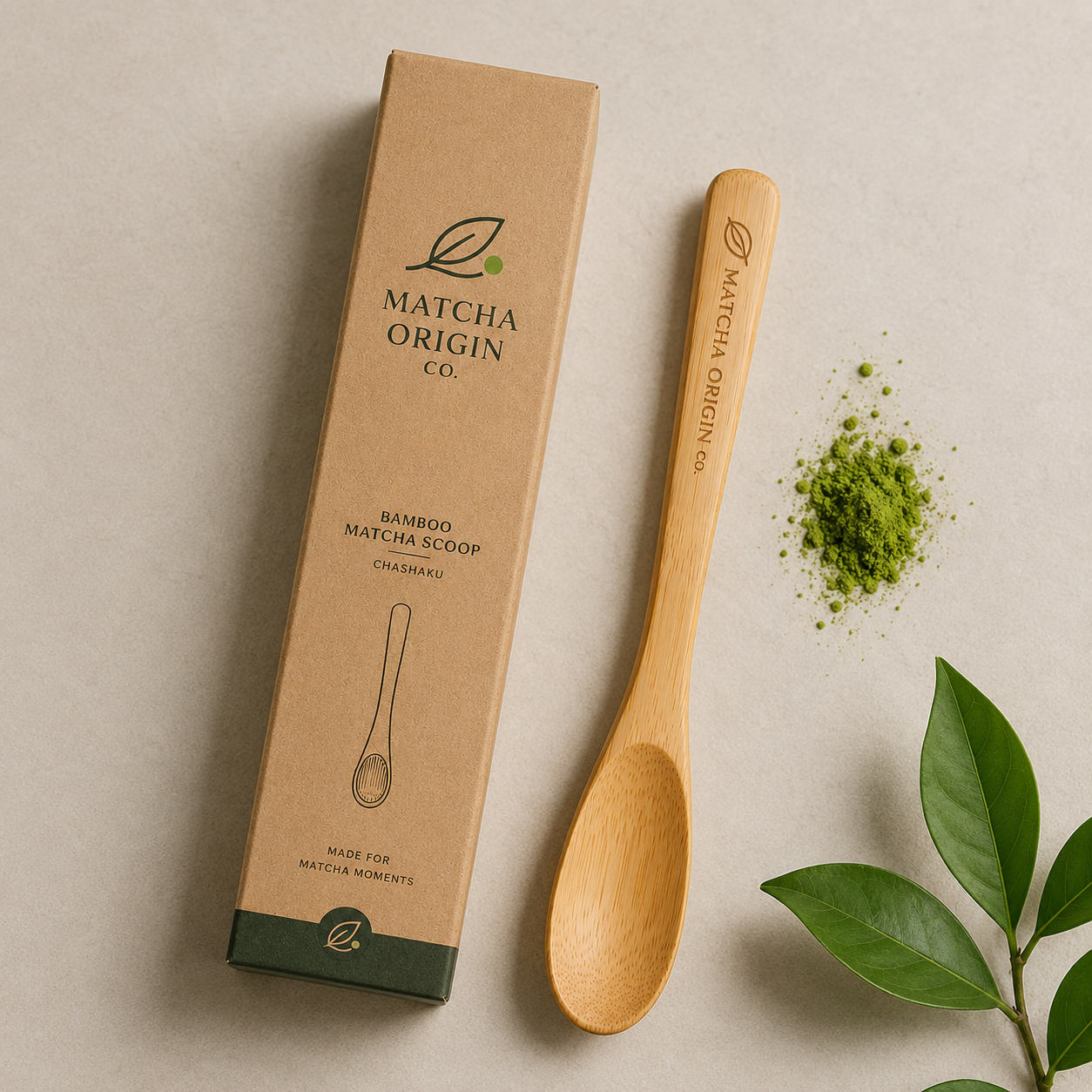 Clean flat lay of bamboo matcha scoop suitable for bulk supply and wholesale presentation