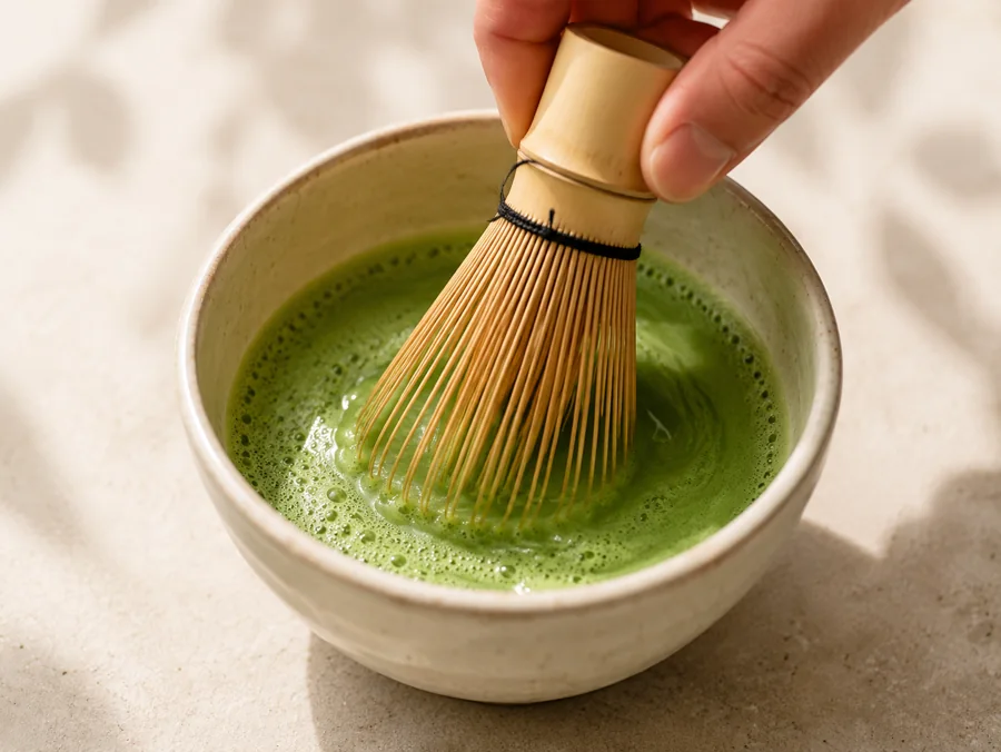 Whisking ceremonial matcha vigorously with a bamboo chasen