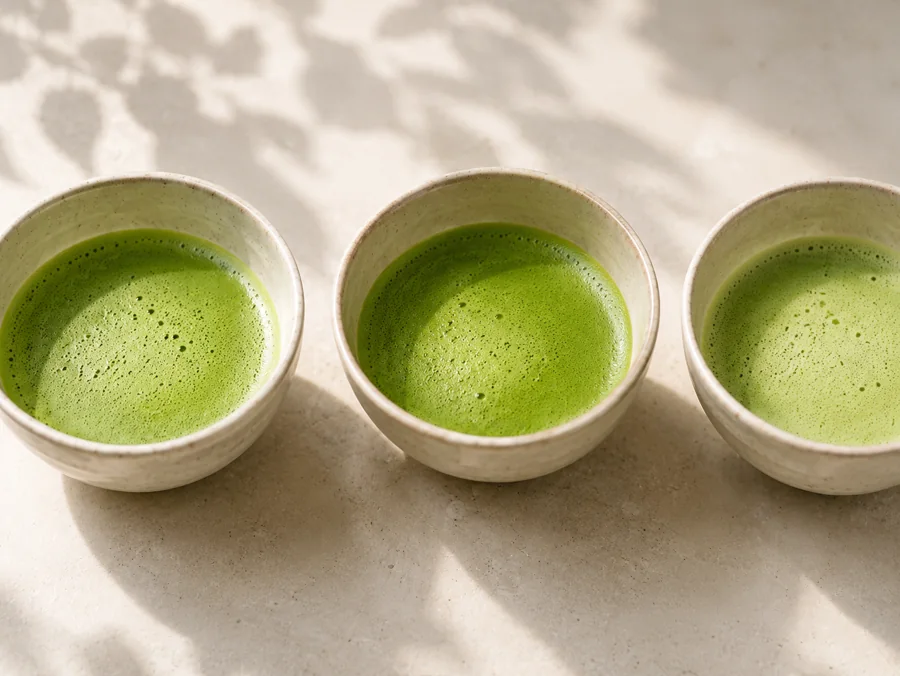 Three bowls of whisked matcha prepared for side-by-side comparison