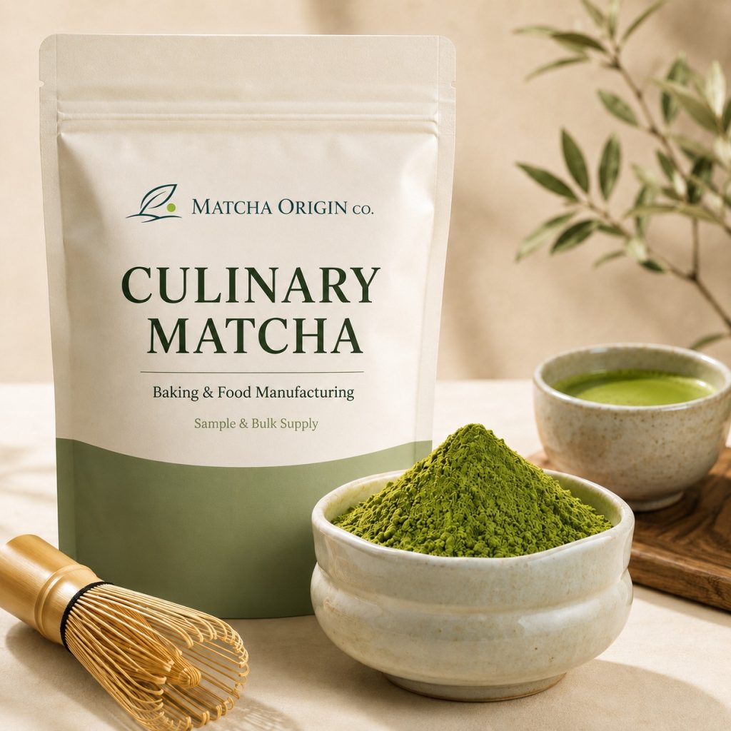 A Grade culinary matcha powder in a clean natural product display for baking and beverage applications