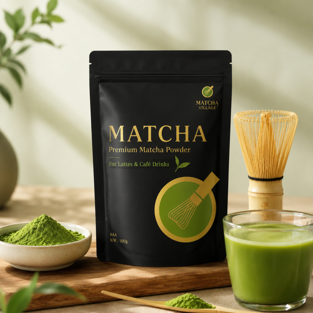 Barista matcha powder for lattes and café drinks with bamboo whisk and matcha tea tools