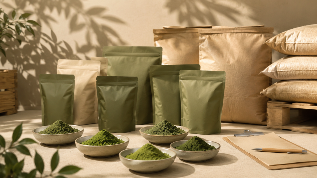 Bulk matcha powder samples with stand-up pouches and commercial packaging for distributors and importers.