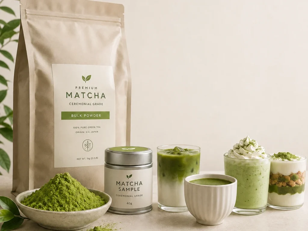 Bulk matcha powder, packaging and prepared drinks for matcha brands and retailers.