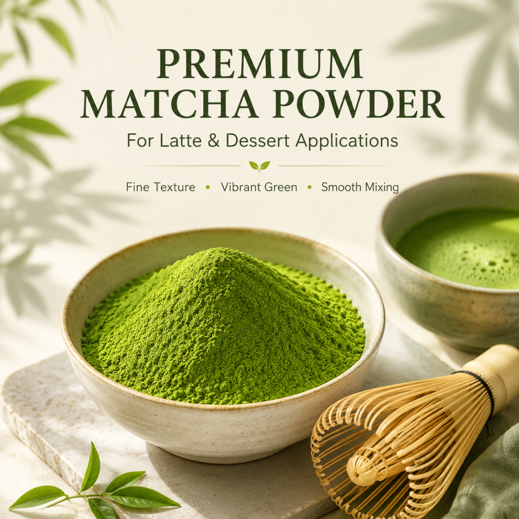 Café matcha powder hero scene with vibrant green matcha and bamboo whisk
