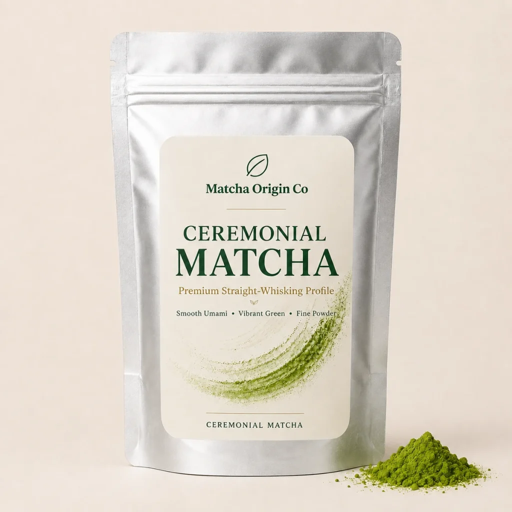 Matcha Origin Co ceremonial matcha in a silver private-label stand-up pouch.