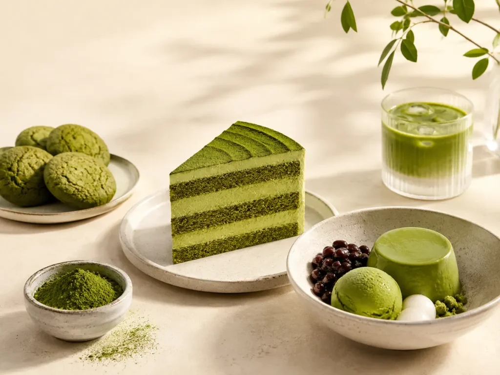 Matcha cake, cookies and desserts prepared with culinary matcha powder.