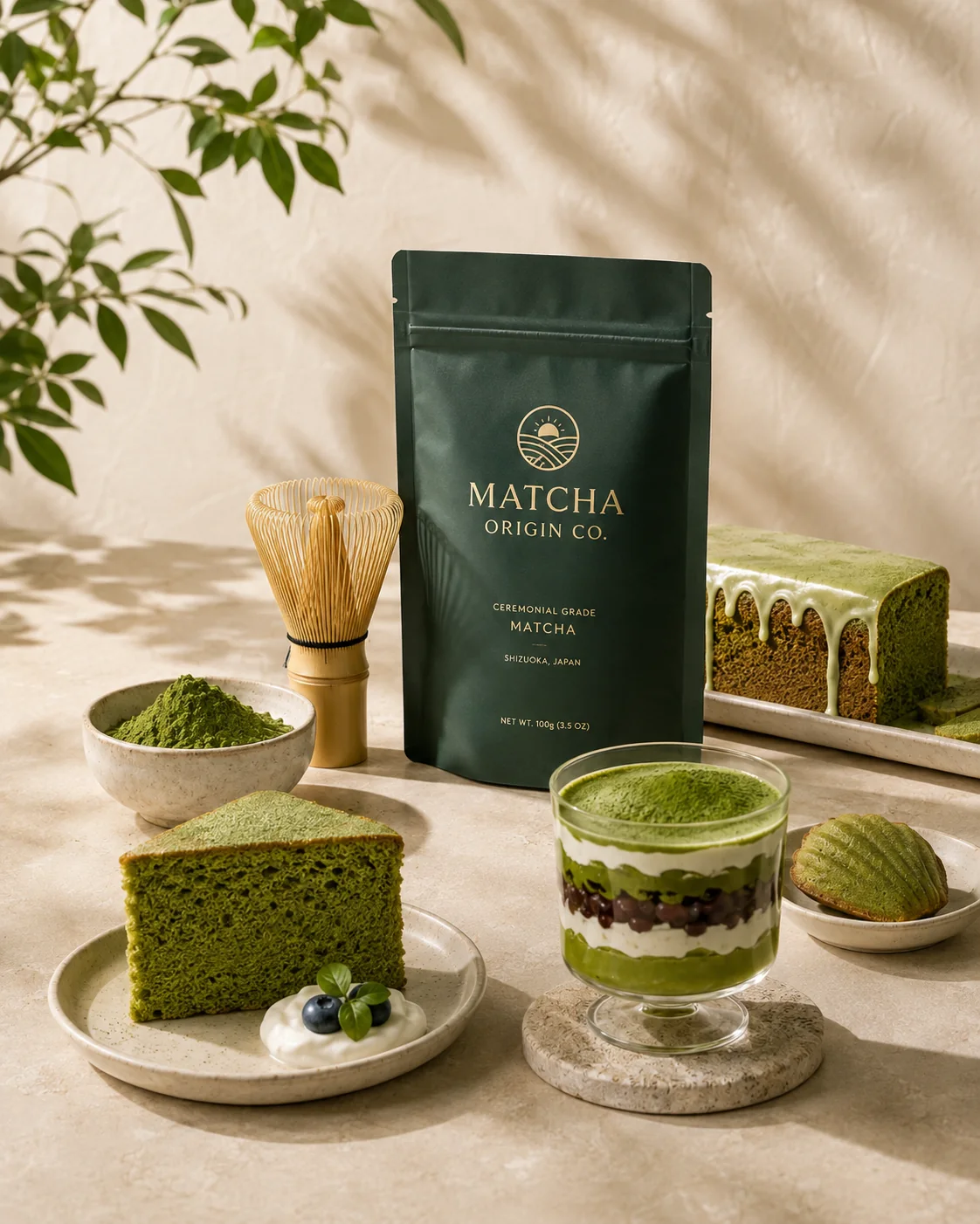 Culinary matcha product with cake, cream dessert and cookies
