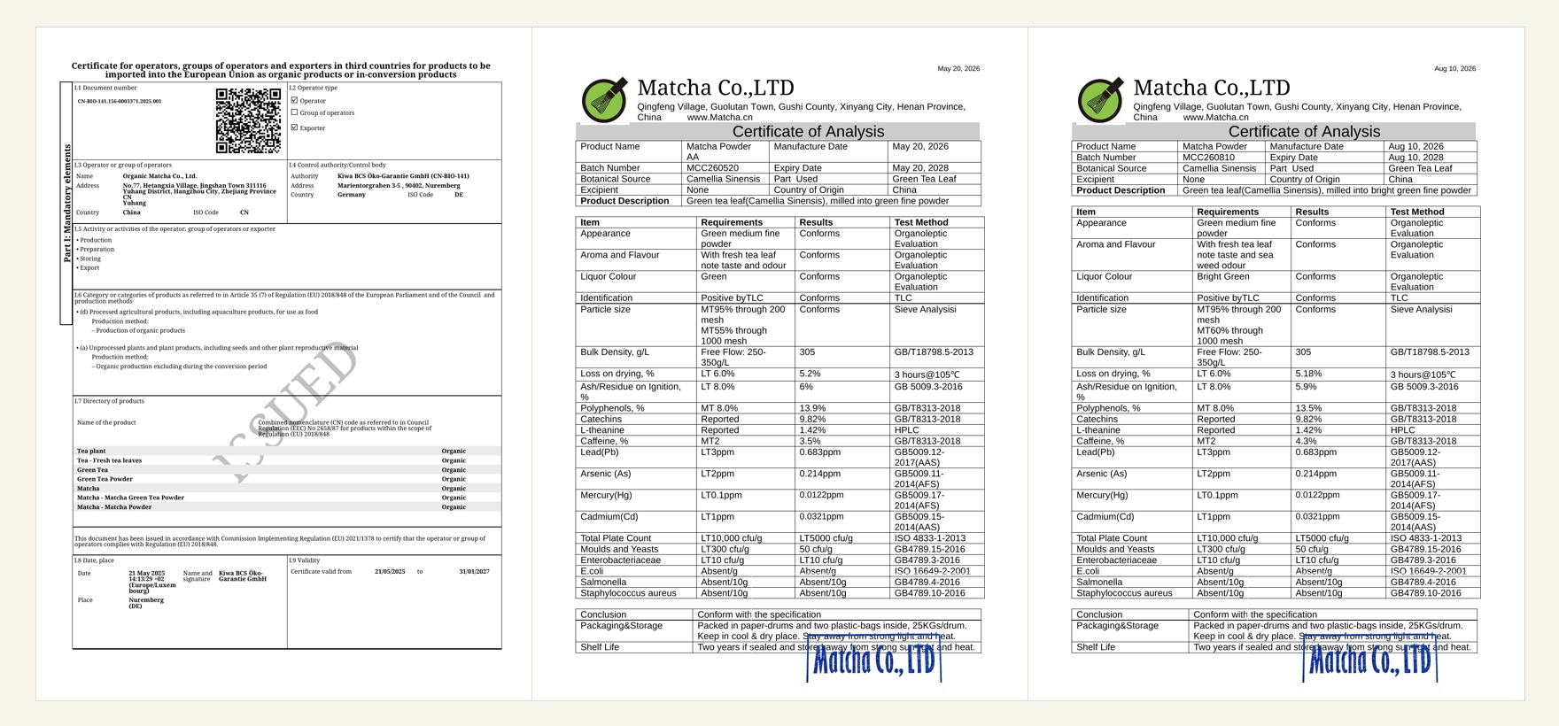 Organic certification and manufacturer COA documentation examples