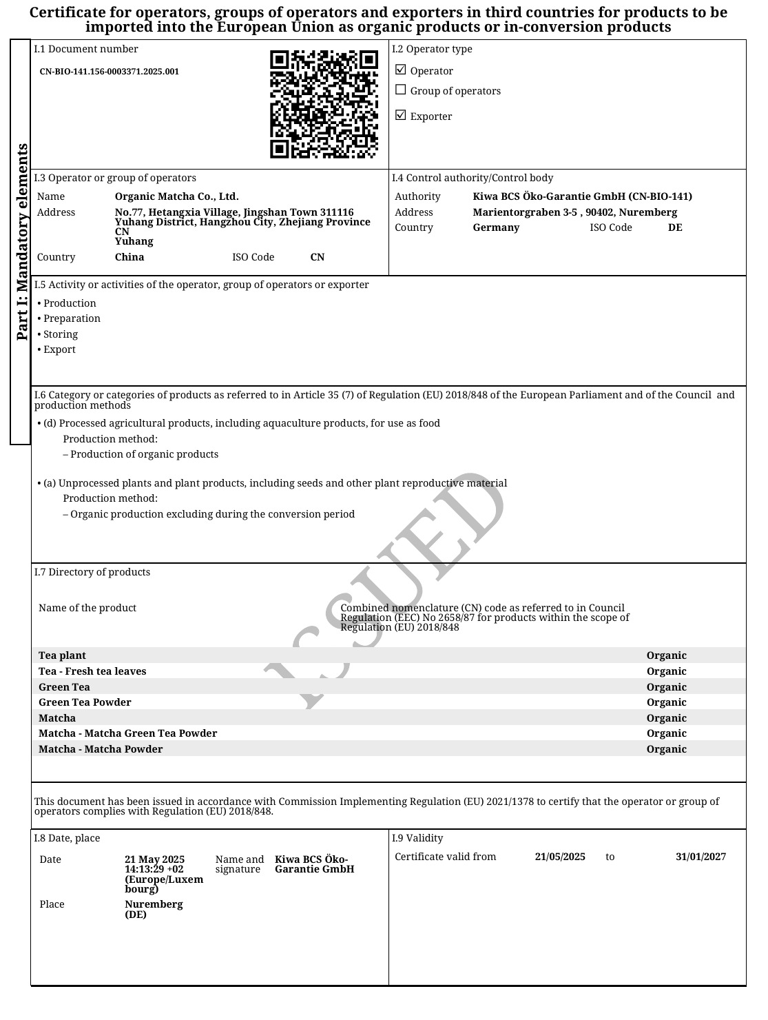 EU organic operator certificate example for selected matcha supply