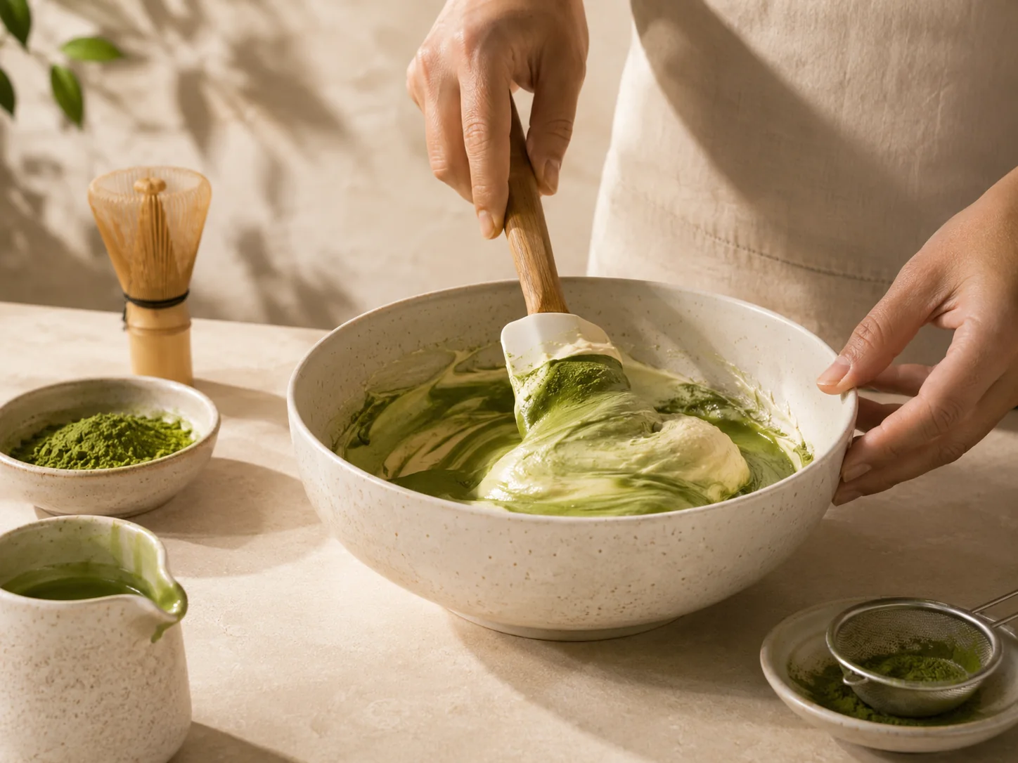 Folding culinary matcha into cream for dessert preparation