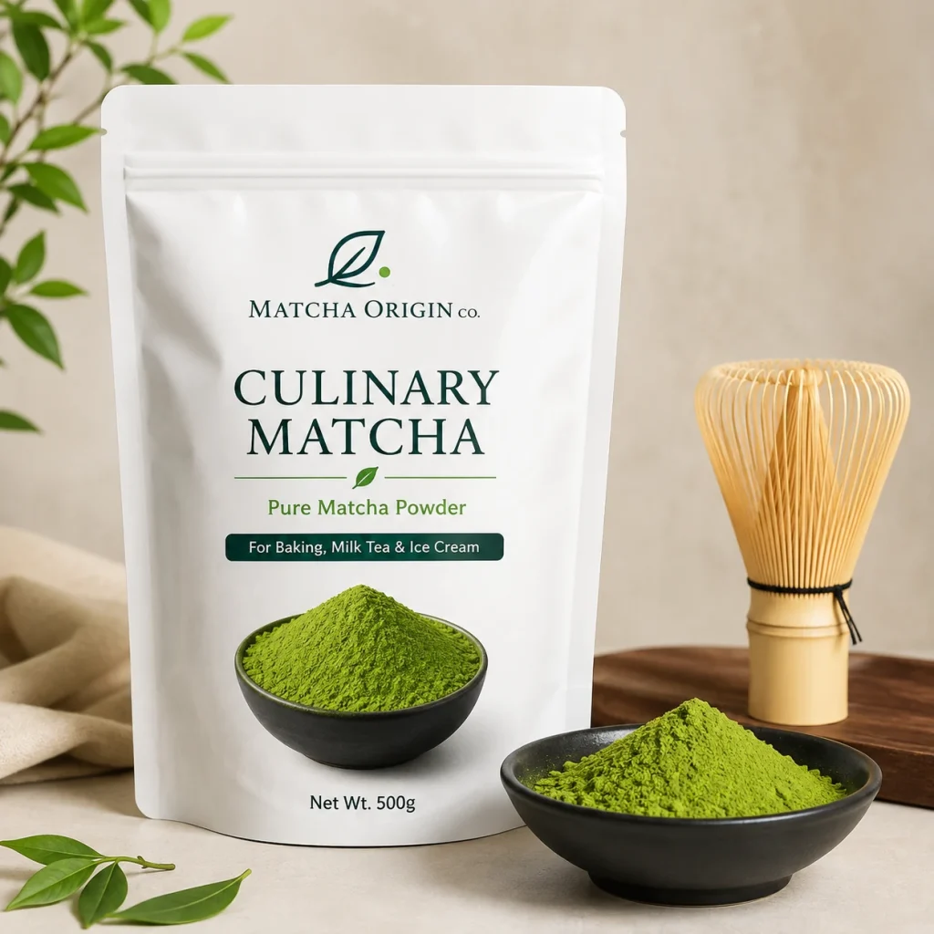 Foodservice culinary matcha powder 500g with iced matcha latte, bamboo whisk and matcha powder bowl