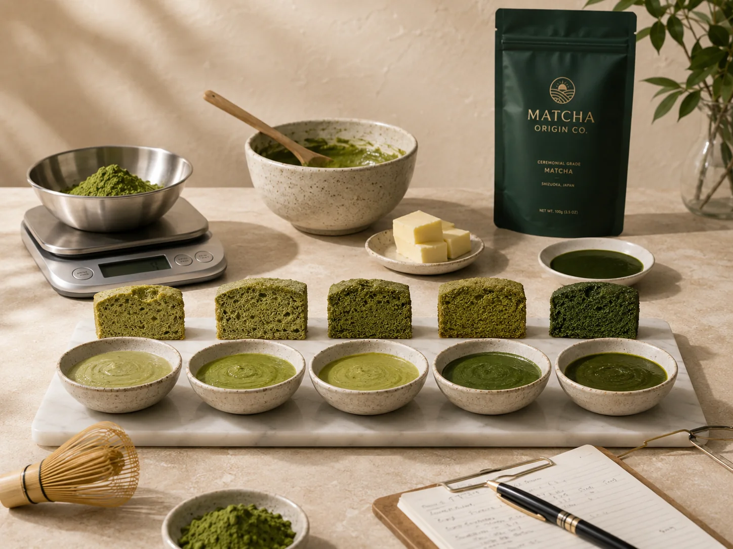 Side by side matcha baking sample evaluation with scale, batters and baked cakes