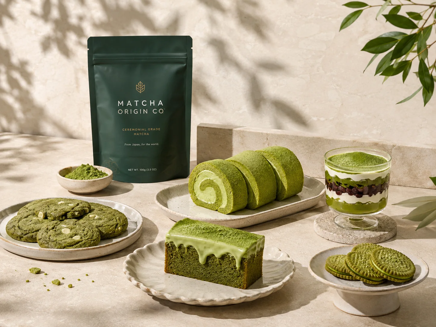 Finished matcha desserts including cookies, roll cake, cream dessert and baked cake