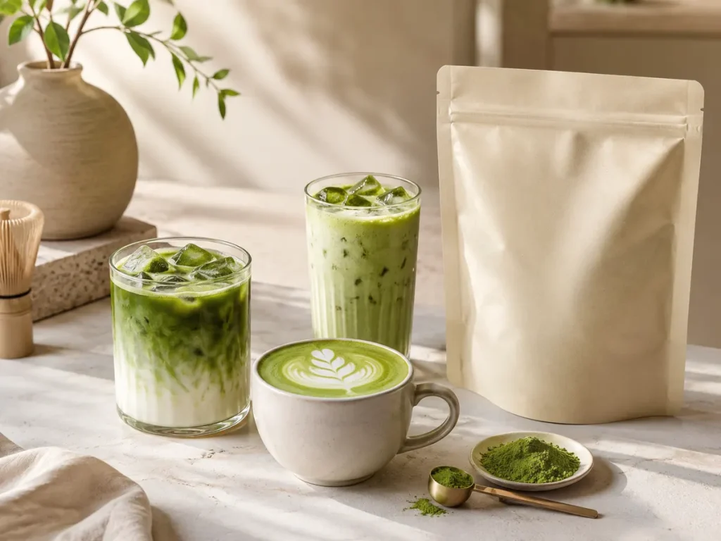 Hot, iced and milk-based matcha drinks with bulk matcha packaging for café applications.