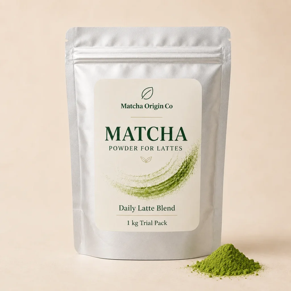 Matcha Origin Co Daily Latte Blend in a silver private-label pouch.